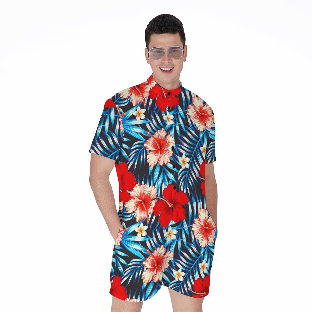 Turquoise Leaves Hibiscus Pattern Print Men's Rompers
