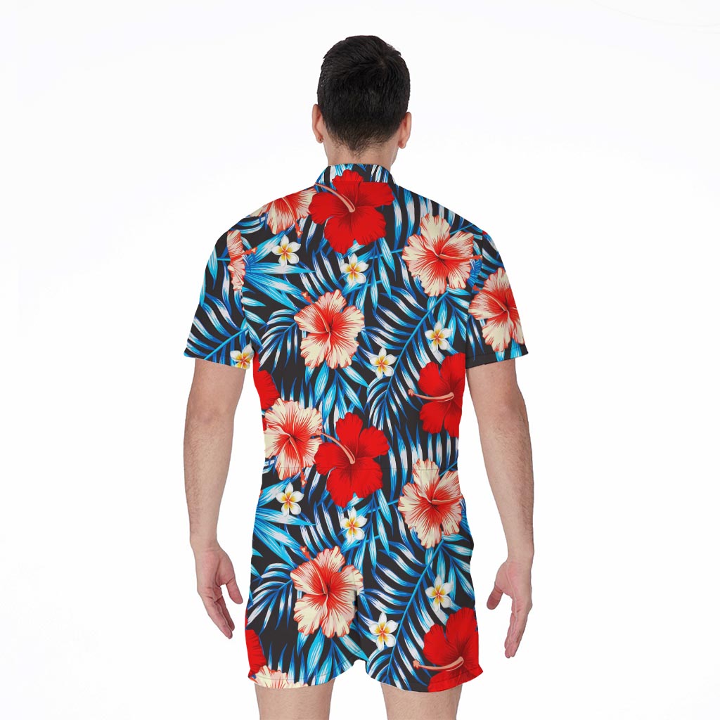 Turquoise Leaves Hibiscus Pattern Print Men's Rompers