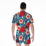 Turquoise Leaves Hibiscus Pattern Print Men's Rompers
