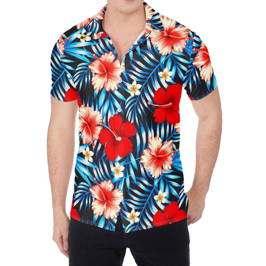 Turquoise Leaves Hibiscus Pattern Print Men's Shirt