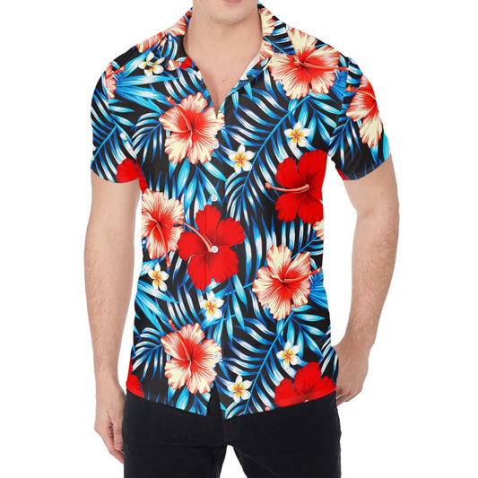 Turquoise Leaves Hibiscus Pattern Print Men's Shirt