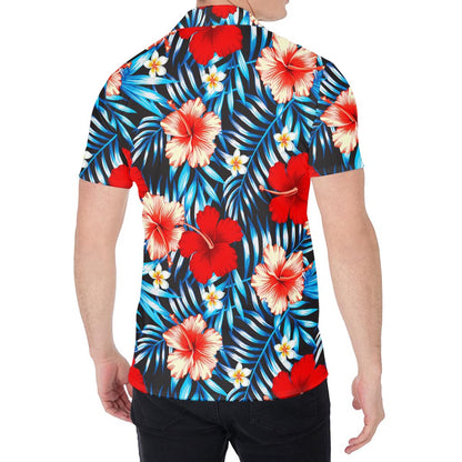 Turquoise Leaves Hibiscus Pattern Print Men's Shirt