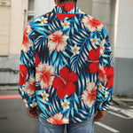 Turquoise Leaves Hibiscus Pattern Print Men's Shirt Jacket
