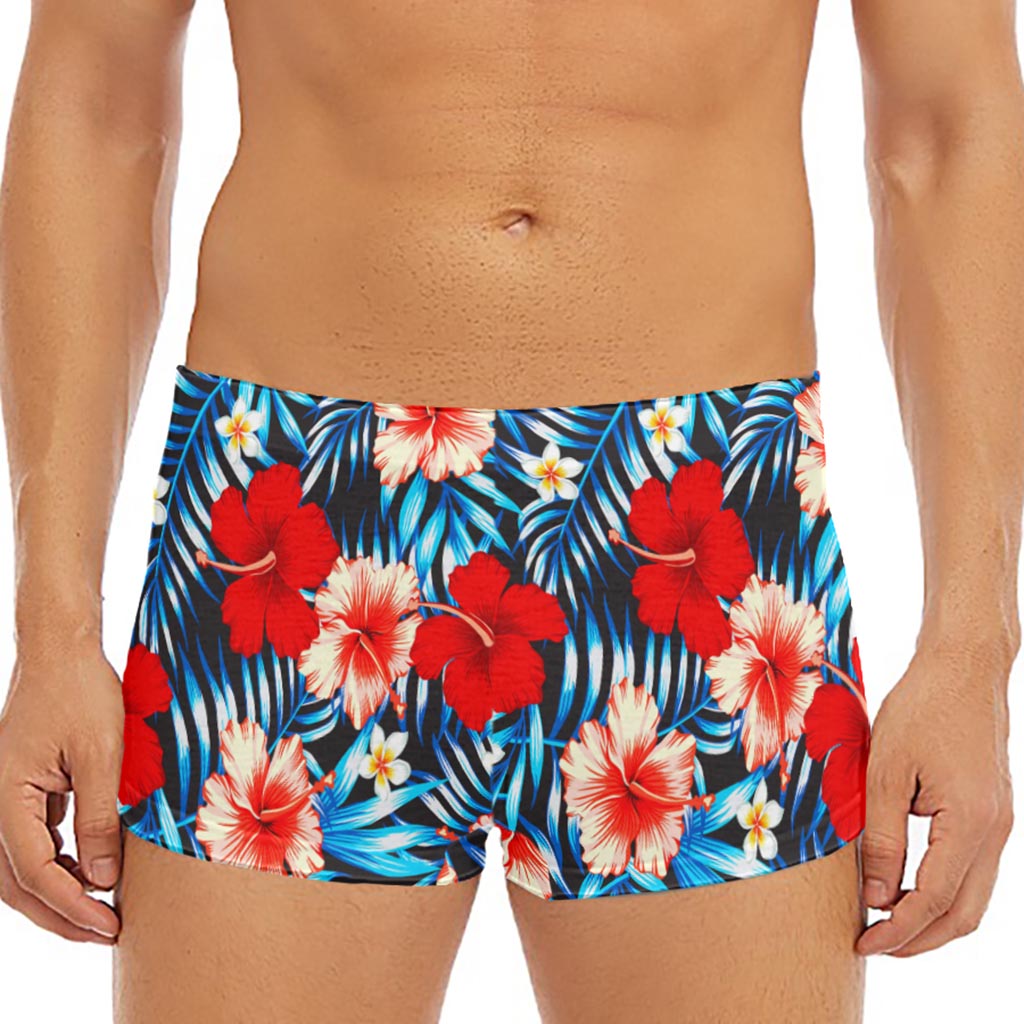 Turquoise Leaves Hibiscus Pattern Print Men's Short Boxer Briefs