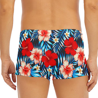 Turquoise Leaves Hibiscus Pattern Print Men's Short Boxer Briefs