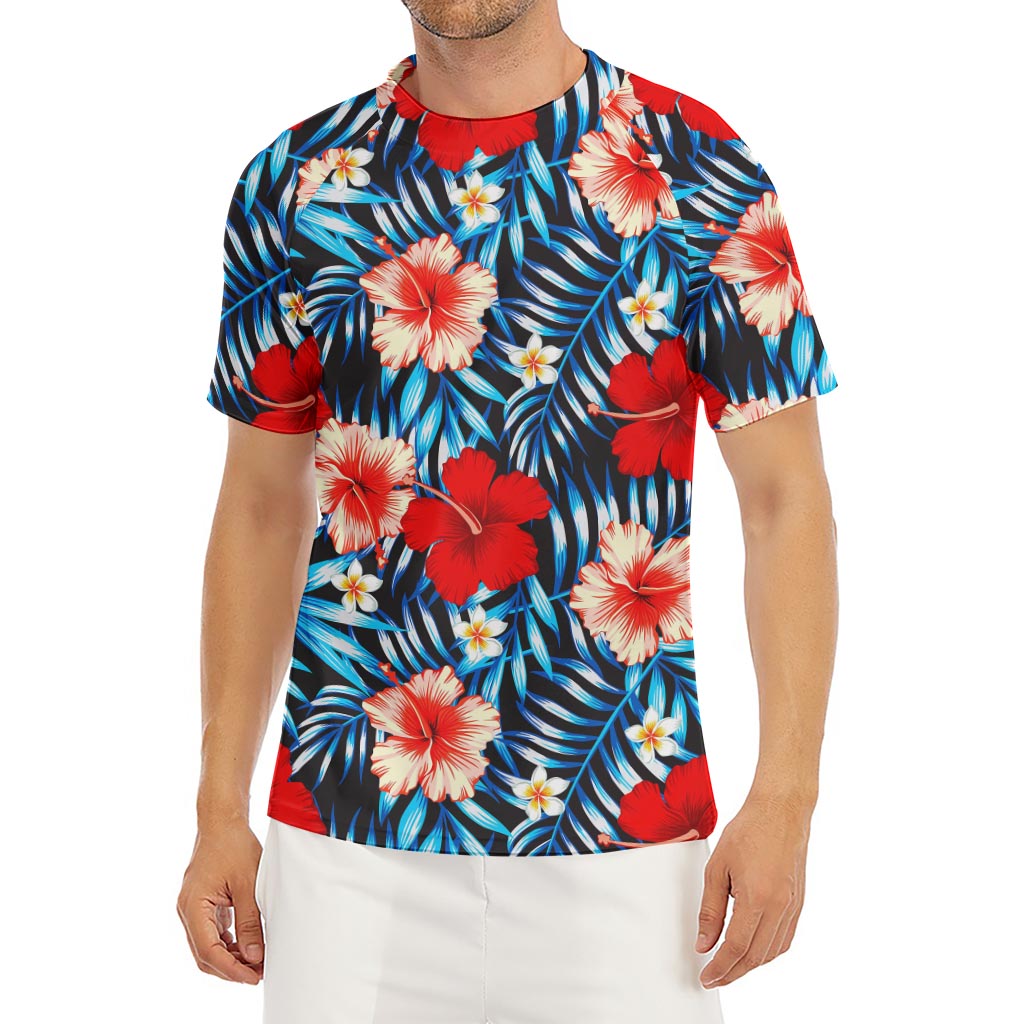 Turquoise Leaves Hibiscus Pattern Print Men's Short Sleeve Rash Guard