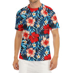 Turquoise Leaves Hibiscus Pattern Print Men's Short Sleeve Rash Guard