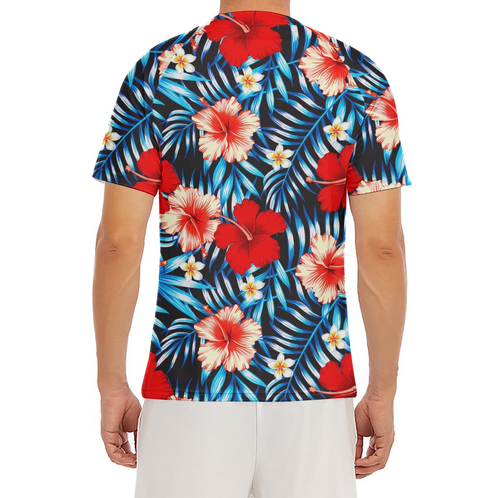 Turquoise Leaves Hibiscus Pattern Print Men's Short Sleeve Rash Guard