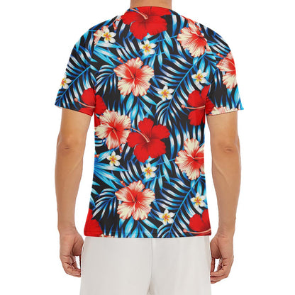 Turquoise Leaves Hibiscus Pattern Print Men's Short Sleeve Rash Guard