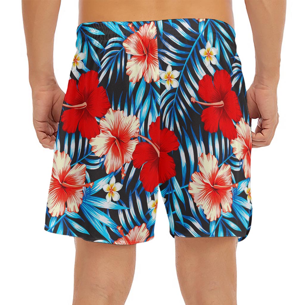 Turquoise Leaves Hibiscus Pattern Print Men's Split Running Shorts