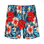 Turquoise Leaves Hibiscus Pattern Print Men's Sports Shorts