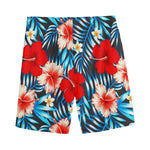 Turquoise Leaves Hibiscus Pattern Print Men's Sports Shorts