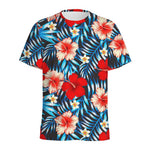 Turquoise Leaves Hibiscus Pattern Print Men's Sports T-Shirt