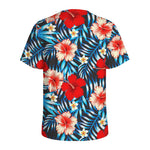 Turquoise Leaves Hibiscus Pattern Print Men's Sports T-Shirt