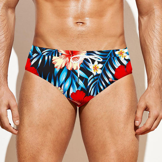 Turquoise Leaves Hibiscus Pattern Print Men's Swim Briefs