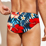 Turquoise Leaves Hibiscus Pattern Print Men's Swim Briefs