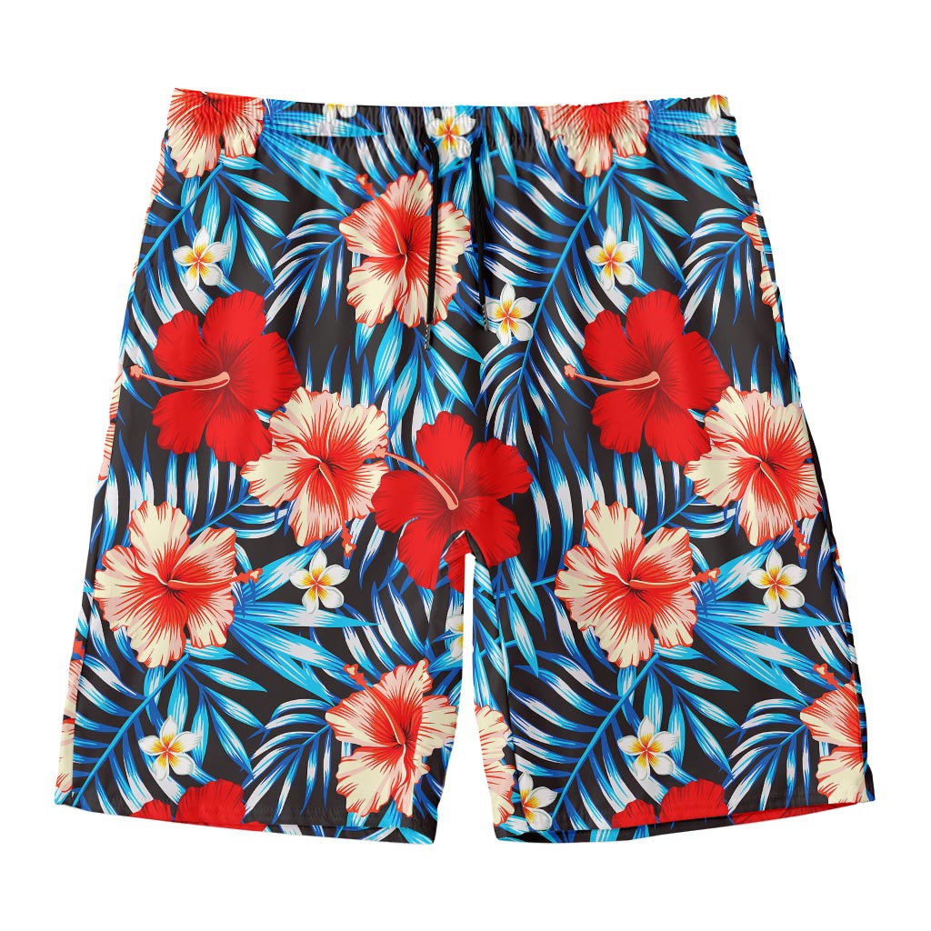 Turquoise Leaves Hibiscus Pattern Print Men's Swim Trunks