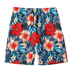 Turquoise Leaves Hibiscus Pattern Print Men's Swim Trunks