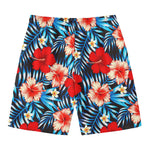 Turquoise Leaves Hibiscus Pattern Print Men's Swim Trunks