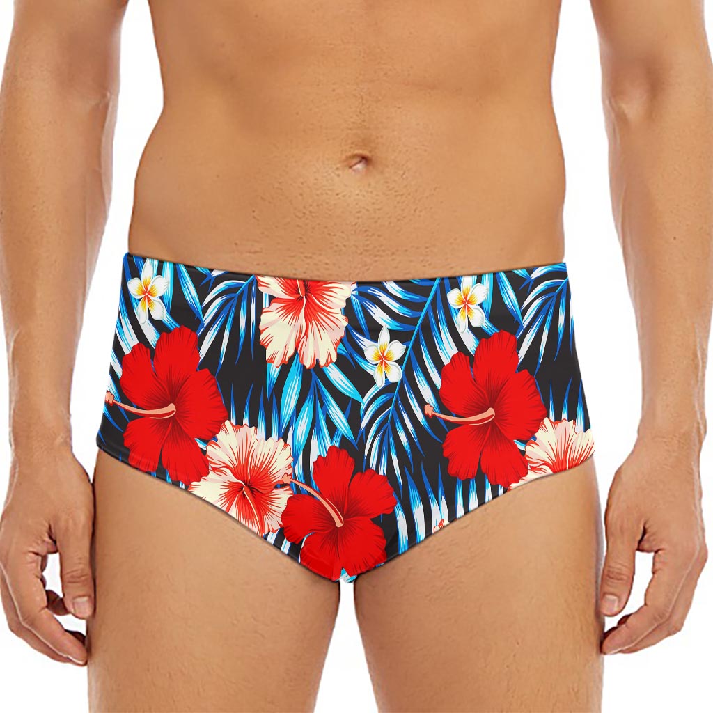 Turquoise Leaves Hibiscus Pattern Print Men's Triangle Swim Briefs