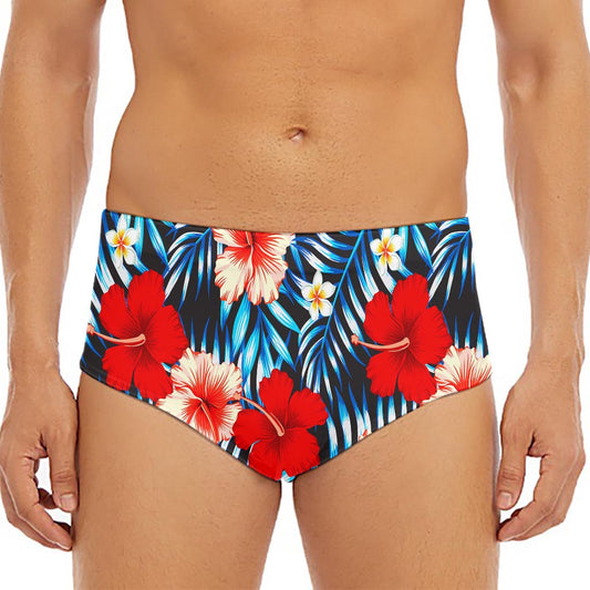 Turquoise Leaves Hibiscus Pattern Print Men's Triangle Swim Briefs