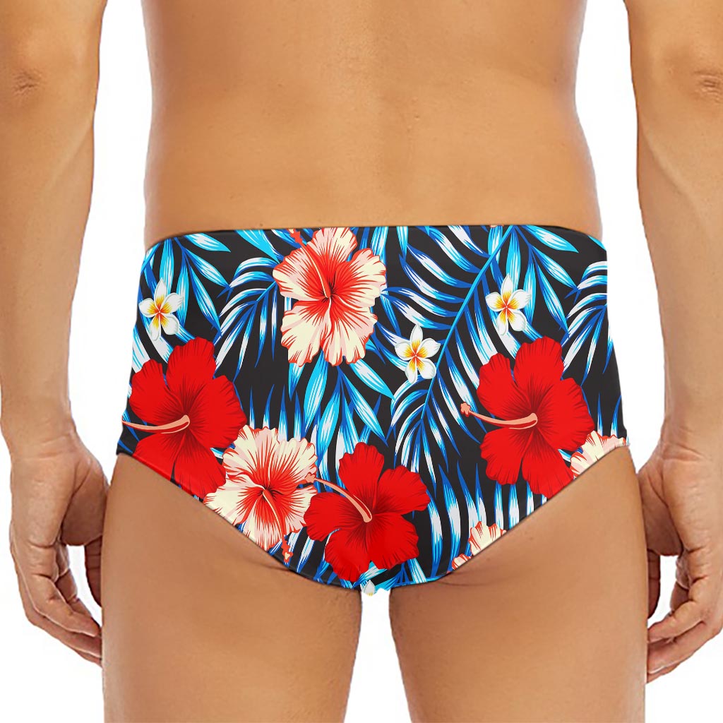 Turquoise Leaves Hibiscus Pattern Print Men's Triangle Swim Briefs