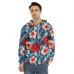 Turquoise Leaves Hibiscus Pattern Print Men's Velvet Pullover Hoodie