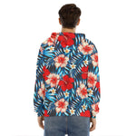 Turquoise Leaves Hibiscus Pattern Print Men's Velvet Pullover Hoodie