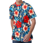Turquoise Leaves Hibiscus Pattern Print Men's Velvet T-Shirt
