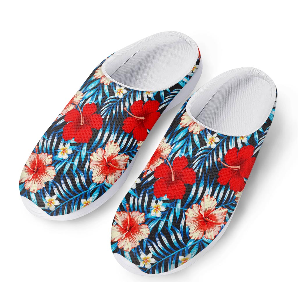 Turquoise Leaves Hibiscus Pattern Print Mesh Casual Shoes