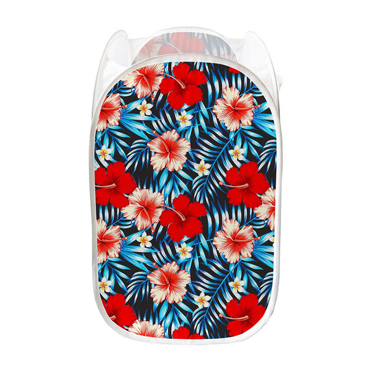 Turquoise Leaves Hibiscus Pattern Print Mesh Laundry Hamper