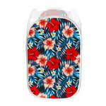 Turquoise Leaves Hibiscus Pattern Print Mesh Laundry Hamper