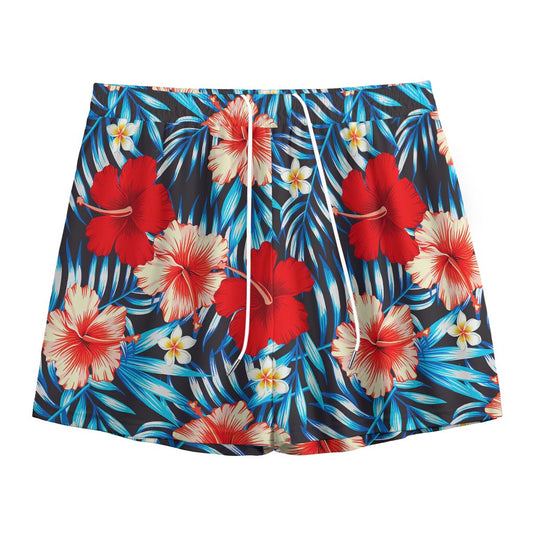 Turquoise Leaves Hibiscus Pattern Print Mesh Shorts