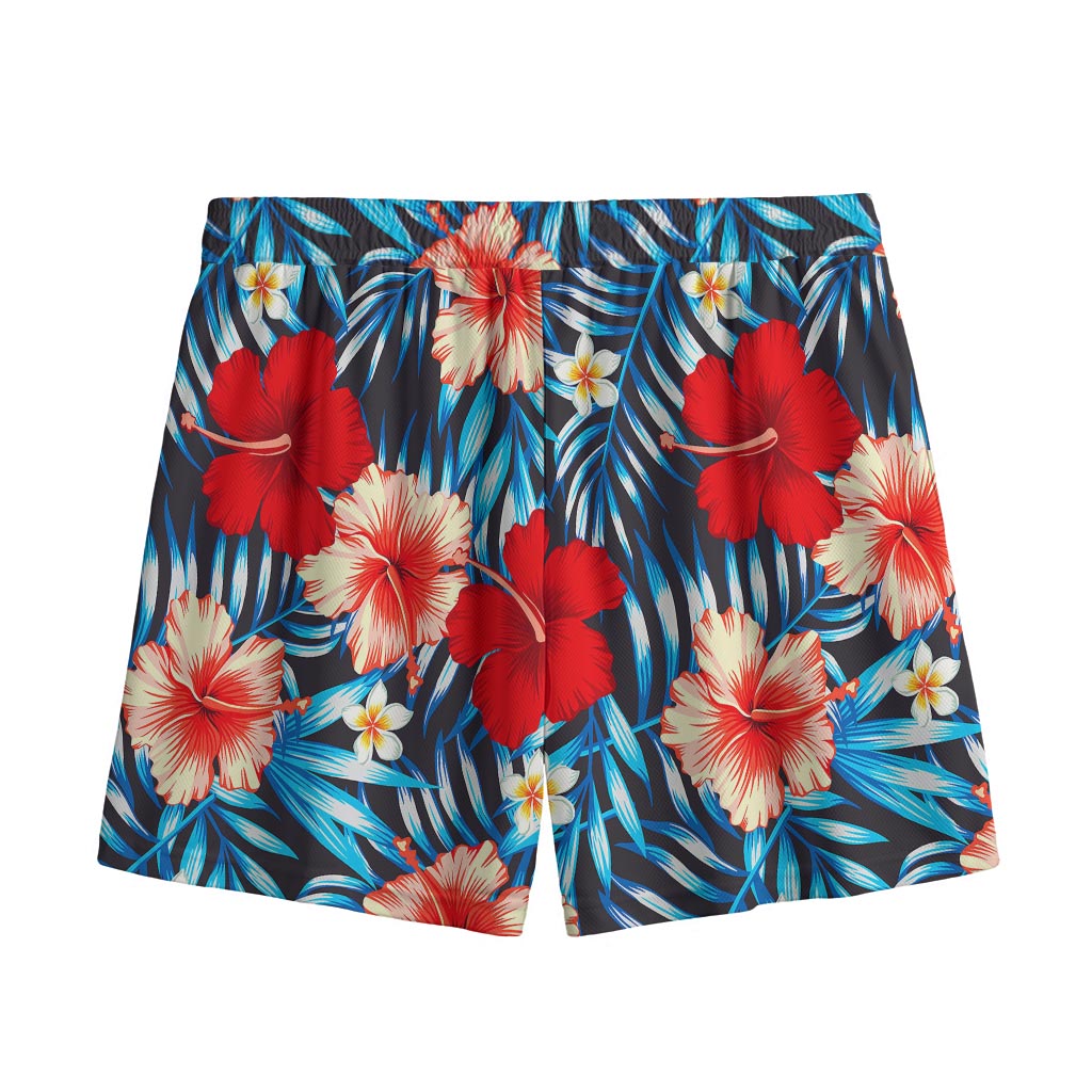 Turquoise Leaves Hibiscus Pattern Print Mesh Shorts