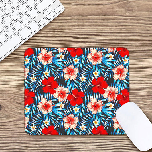 Turquoise Leaves Hibiscus Pattern Print Mouse Pad