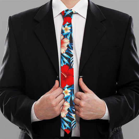 Turquoise Leaves Hibiscus Pattern Print Necktie