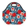 Turquoise Leaves Hibiscus Pattern Print Neoprene Lunch Bag