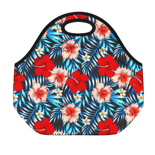 Turquoise Leaves Hibiscus Pattern Print Neoprene Lunch Bag