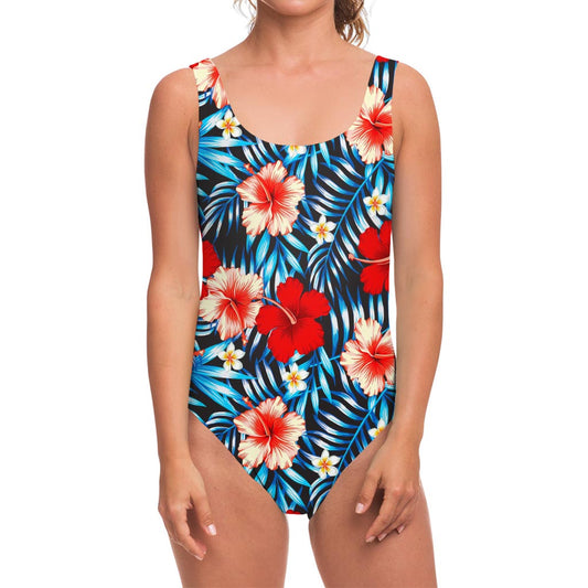 Turquoise Leaves Hibiscus Pattern Print One Piece Swimsuit