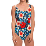 Turquoise Leaves Hibiscus Pattern Print One Piece Swimsuit