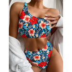 Turquoise Leaves Hibiscus Pattern Print One Shoulder Bikini Top