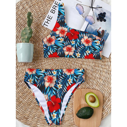 Turquoise Leaves Hibiscus Pattern Print One Shoulder Bikini Top