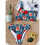Turquoise Leaves Hibiscus Pattern Print One Shoulder Bikini Top