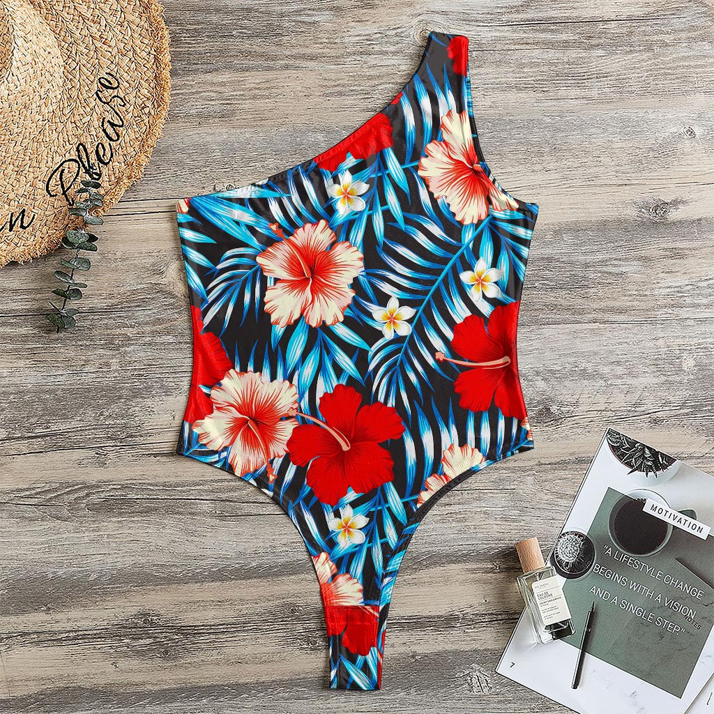 Turquoise Leaves Hibiscus Pattern Print One Shoulder Bodysuit