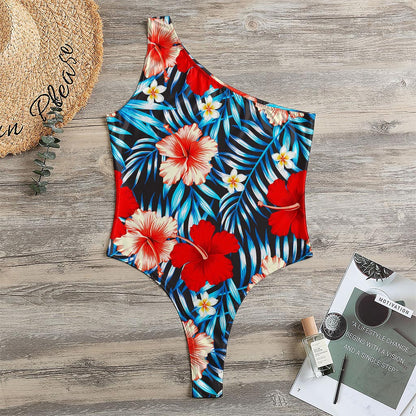 Turquoise Leaves Hibiscus Pattern Print One Shoulder Bodysuit