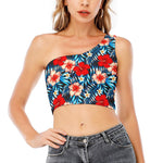 Turquoise Leaves Hibiscus Pattern Print One Shoulder Crop Top