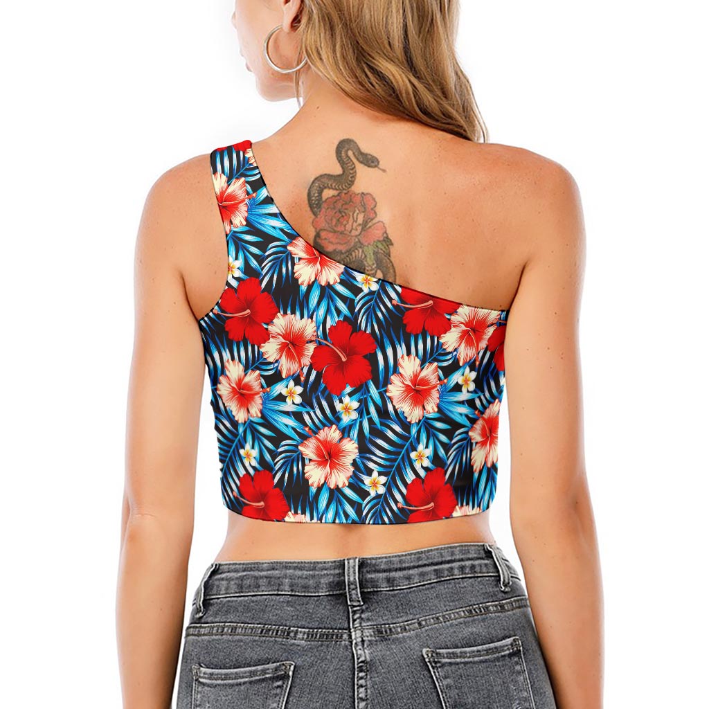 Turquoise Leaves Hibiscus Pattern Print One Shoulder Crop Top