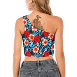 Turquoise Leaves Hibiscus Pattern Print One Shoulder Crop Top