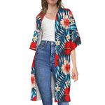 Turquoise Leaves Hibiscus Pattern Print Open Front Beach Cover Up