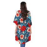 Turquoise Leaves Hibiscus Pattern Print Open Front Beach Cover Up
